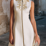 Embroidered Stand-Collar Zip-Front Sleeveless Midi Dress