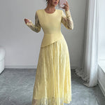 A-Line Irregularity Asymmetric Flower Print Layered See-Through Solid Color Split-Joint Round-Neck Maxi Dresses