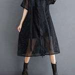 Half Sleeves Loose Hollow Solid Color Split-Joint Zipper Lapel Midi Dresses Shirt Dress