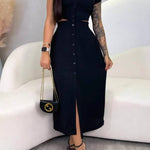 Stand Collar Cap Sleeve Cutout Button-Front Slit Midi Dress