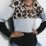 women's long sleeve leopard print stitching t-shirt