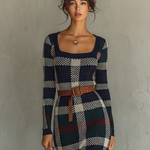Women's Minimalist Check Knit Belted Square Neck Maxi Dress