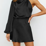 High Waisted Long Sleeves Asymmetric Elasticity Solid Color High Neck Mini Dresses