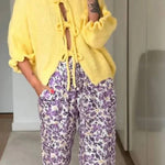 Lace Up Bow Flared Sleeve O-Neck Cardigan Sweater