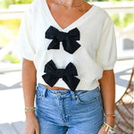 V Neck Short Sleeves Bow Knot Knit Top