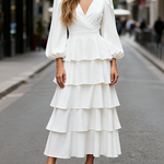 A-Line High Waisted Layered Solid Color V-Neck Maxi Dresses