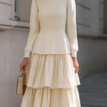 Elegant Ivory Peplum Tiered Midi Dress