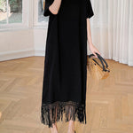 Loose Short Sleeves Solid Color Split-Joint Tasseled V-Neck Midi Dresses
