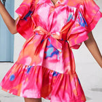 Loose Ruffle Sleeves Buttoned Leaves Print Split-Joint Tied Waist Tie-Dyed Lapel Mini Dresses