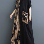 A-Line Batwing Sleeves Contrast Color Pockets Split-Joint Striped V-Neck Maxi Dresses