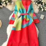 Flared Sleeves Loose Belted Contrast Color Pleated Midi Dresses