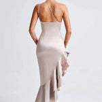 YES I DO Satin One Shoulder Ruched Slit Ruffles Maxi Dress