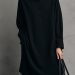 Women's Casual Black Sweatshirt-material Dress With Shirt Collar, Long Sleeves, And A Loose Fit