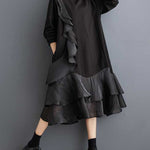 A-Line Long Sleeves Contrast Color Pockets Ruffle Trim Split-Joint V-Neck Midi Dresses