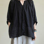 Black&Pink High-Low Half Sleeve Ramie Cotton Loose Shirt