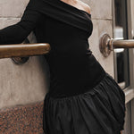 High Waisted Long Sleeves Contrast Color Pleated Split-Joint Off-The-Shoulder Mini Dresses