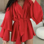 Flared Sleeves Loose Lace-Up Pleated Solid Color Split-Joint Tiered Round-Neck Mini Dresses