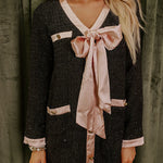 Looking Fabulous Tweed Satin Bow Patchwork Pocket H-line Mini Dress