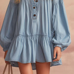 Elegant Western Loose V-neck Front Button Ruffled Hem Light Blue Denim Mini Dress