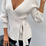 Sexy V Neck Balloon Sleeve Ribbed Wrap Knit Pullover Sweater