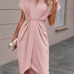 High-Low Loose Knot Pleated Solid Color Split-Front V-Neck Midi Dresses