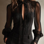 Retro Elegant Lace Stand-up Collar Tie Neck Chiffon Blouse