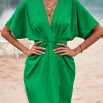 Loose Raglan Sleeve Pleated Solid Color Split-Joint Deep V-Neck Mini Dresses