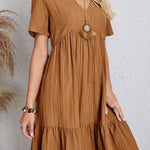 A-Line Loose Pleated Solid Color Split-Joint V-Neck Mini Dresses