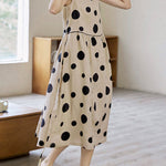 Loose Sleeveless Contrast Color Pleated Polka-Dot Split-Joint Tied Waist Round-Neck Midi Dresses