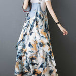 Loose Plus Size Flower Print Pockets Split-Joint Spaghetti-Neck Maxi Dresses Suspender Dress