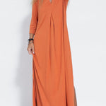 Fashion solid color V-neck three-quarter sleeves knitted long slit dress