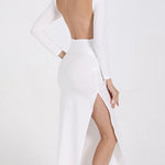 Bodycon Long Sleeves Backless Solid Color Split-Joint Split-Side Round-Neck Maxi Dresses