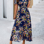 A-Line Elasticated Waist Contrast Color Flower Print Pleated Split-Joint V-Neck Maxi Dresses