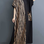 A-Line Batwing Sleeves Contrast Color Pockets Split-Joint Striped V-Neck Maxi Dresses