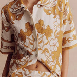 Floral Print Casual Short Sleeve Shirt Top and Elastic Waist Loose Pocket Pants Set