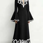 A-Line Flared Sleeves Abstract Printed Contrast Color Hollow Line Split-Joint Stand Collar Maxi Dresses