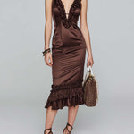 Vintage Elegant Chocolate Satin Ruffle Midi Dress