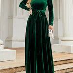 Long Sleeves Wrap Belted Pleated Solid Color Zipper Round-Neck Maxi Dresses