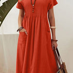 High Waisted Loose Pleated Pockets Solid Color Split-Joint Round-Neck Midi Dresses