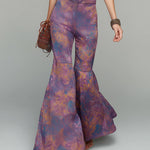 Retro-print Jumpsuit With Ruffled Neckline And Flared Legs