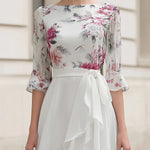 Floral Chiffon Midi Dress With Asymmetric Ruffle Skirt