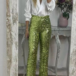 Glitzy Glamour Sequin High Rise Elastic Waist Wide Leg Pants