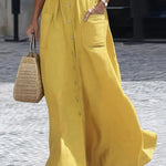 High Waisted Short Sleeves Buttoned Pleated Pockets Solid Color Split-Joint Lapel Maxi Dresses