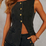 Denim Button Sleeveless Vest & Wide Leg Jeans 2Pcs Set
