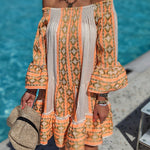 Friendly Shores Linen Blend Ethnic Print Off Shoulder Loose Mini Dress