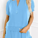 Women's Casual Half-zip Top and Ruffle Shorts Set