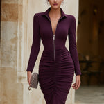 Zip-Front Ruched Midi Dress With Sculpted Silhouette