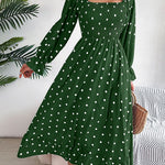 High Waisted Long Sleeves Pleated Polka Dot Ruffled Square-Neck Maxi Dresses Shirt Dress