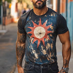 Men's Retro Casual Sun Printed Round Neck Short Sleeve T-Shirt