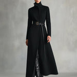 Women's Black Elegant Wool - Blend Turtleneck Belted Maxi Coat